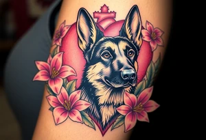 strong short haired german shepherd with alert ears surrounded by pink lilies with large leaves in front of a sacred heart tattoo idea