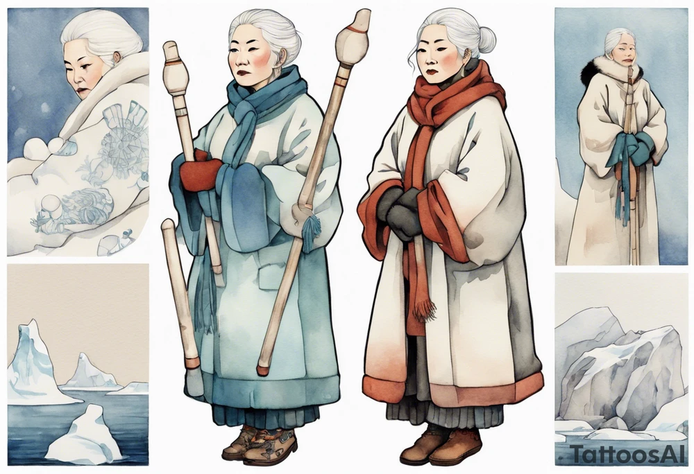 a middle aged Inuit woman with white hair, wearing mittens, holding a white staff, wearing mukluks, standing on an iceberg tattoo idea