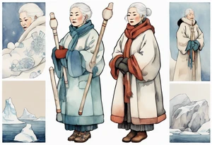 a middle aged Inuit woman with white hair, wearing mittens, holding a white staff, wearing mukluks, standing on an iceberg tattoo idea
