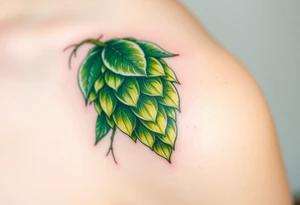 A detailed hop cone with deep green and golden hues, wrapped in barley stalks, symbolizing the essence of brewing tattoo idea