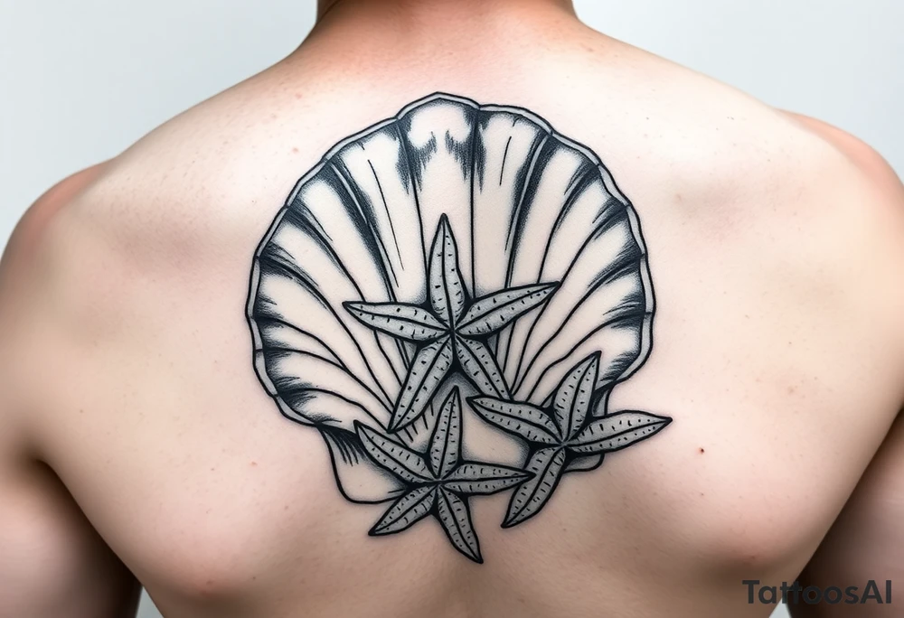 Large open seashell and starfish in a style like tattoos were done during world war 2 tattoo idea