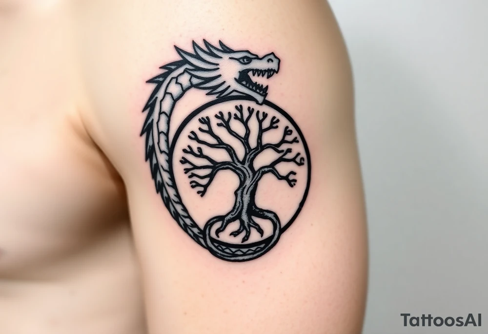 a dragon forming a circle with its body.  the dragon encircles the tree of life.  the dragon is eating the tree tattoo idea