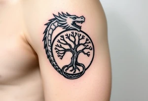a dragon forming a circle with its body.  the dragon encircles the tree of life.  the dragon is eating the tree tattoo idea