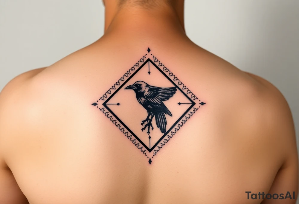 Diamond Geometric design with dotted lines with crow in the center with dark shading for forearm tattoo idea