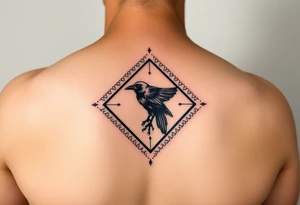 Diamond Geometric design with dotted lines with crow in the center with dark shading for forearm tattoo idea