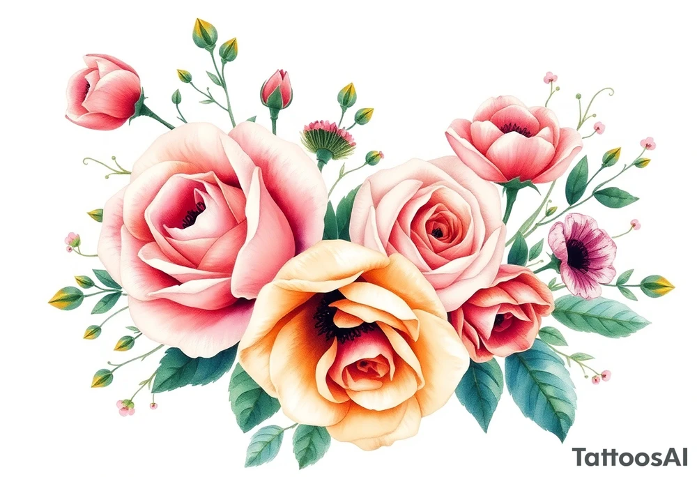 vintage bouquet of wild roses and meadow flowers with morning dew tattoo idea