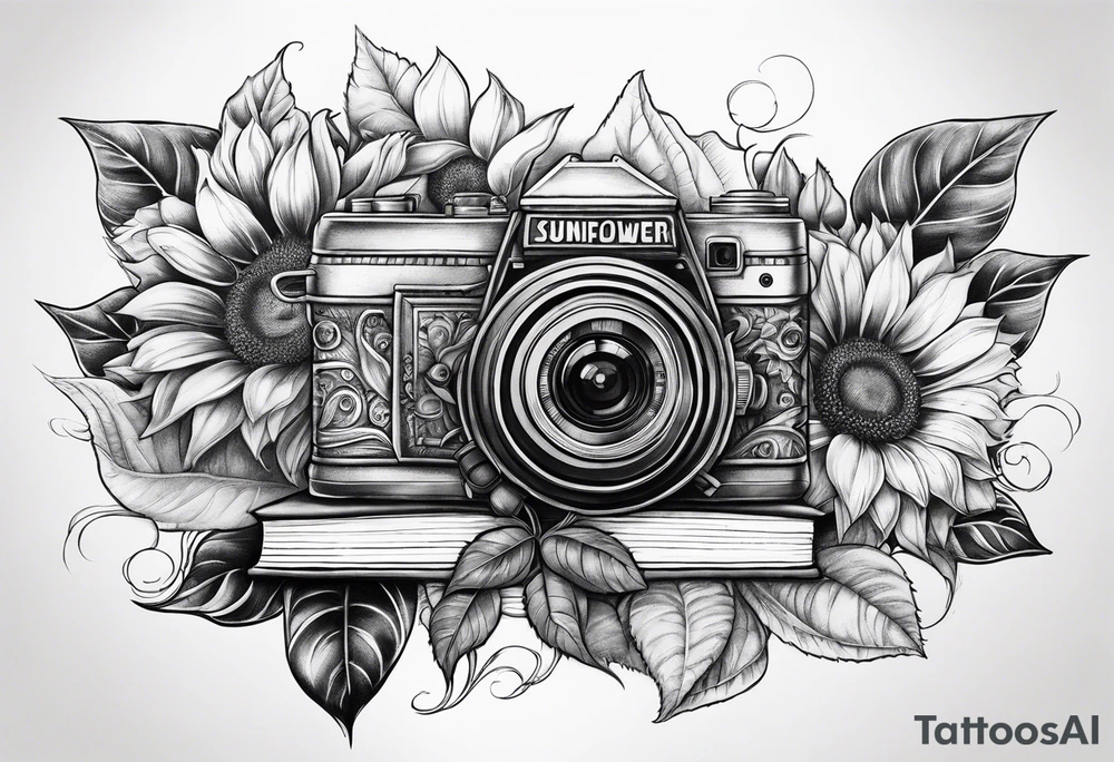 sunflower, camera, flower rose , book tattoo idea