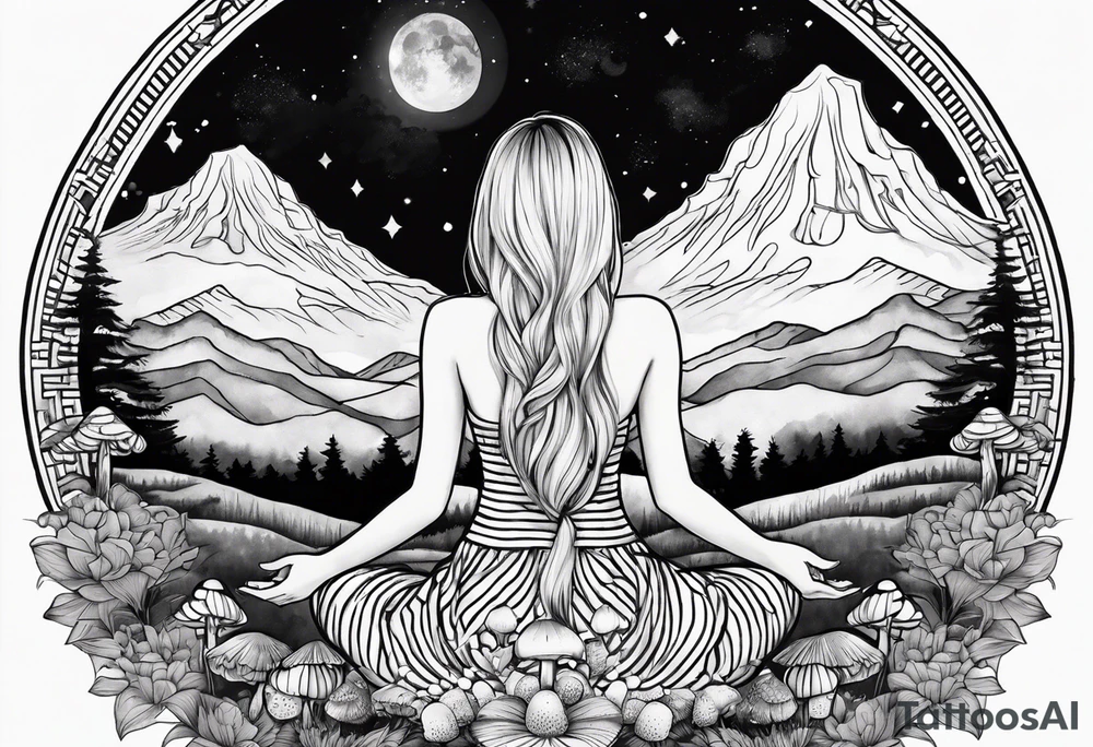 Straight blonde hair girl meditating facing away toward mountains surrounded by mushrooms crescent moon mandala circular design black and white striped dress tattoo idea