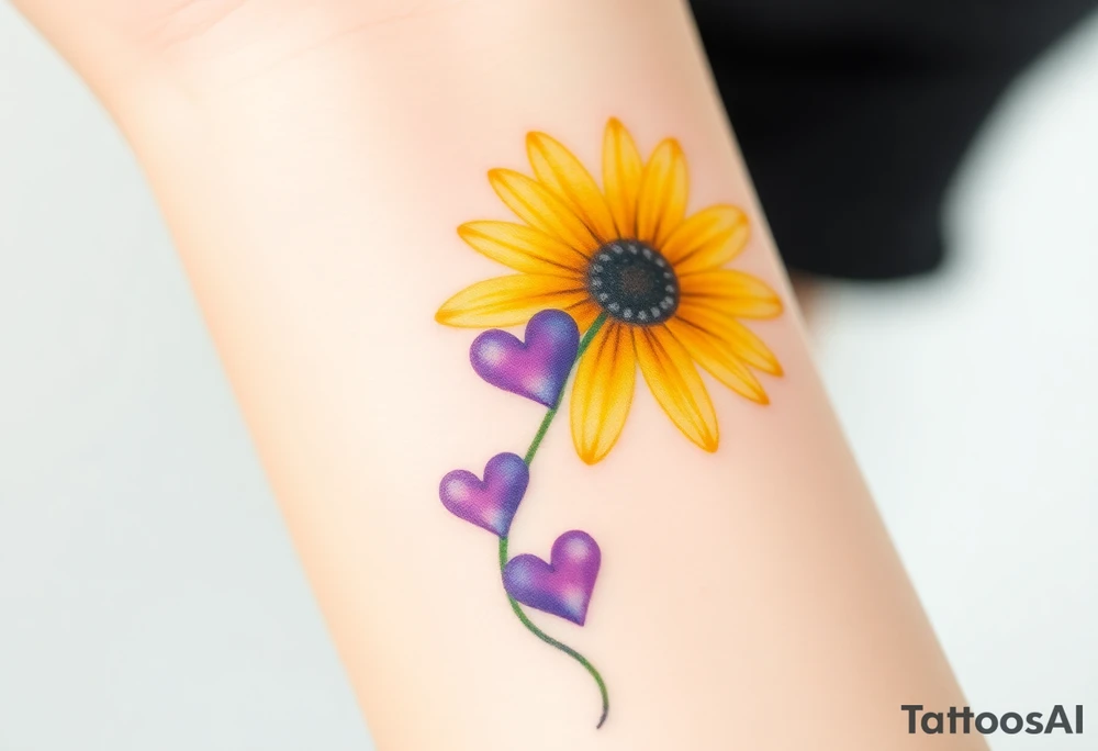 Yellow daisy flower with Purple Hearts tattoo idea