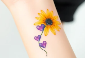 Yellow daisy flower with Purple Hearts tattoo idea