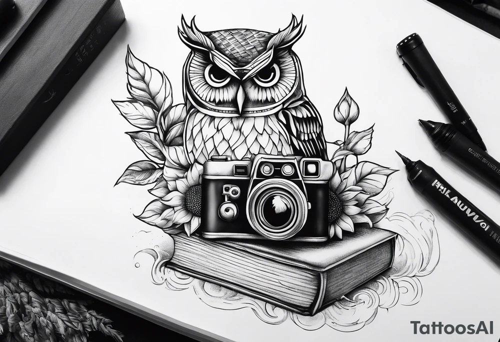 sunflower, camera, water wave, owl, book tattoo idea