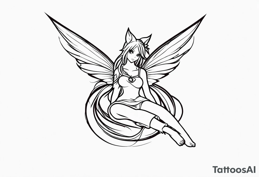No color fairy with a tail inspired by the logo of the show called Fairy Tail in a fetal position leaning in and forward tattoo idea