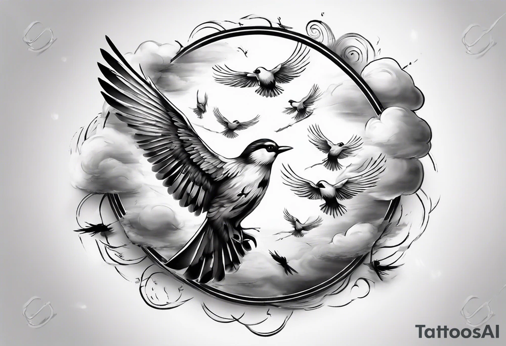 shoulder tattoo with light rays with birds flying free among the clouds, round shape, 3d effect tattoo idea