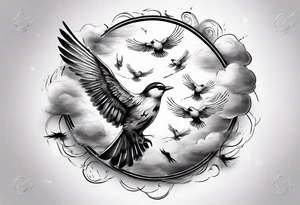 shoulder tattoo with light rays with birds flying free among the clouds, round shape, 3d effect tattoo idea