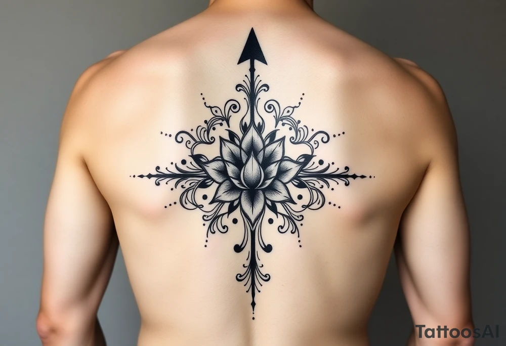 spine tattoo design with symmetrical ornamental patterns, combining dotwork, mandala elements, and flowing lines that follow the natural curves of the body with tribal-inspired lower back tattoo with sweeping symmetrical curves, bold linework, and soft floral accents, creating a feminine yet powerful aesthetic. The design is intricate and balanced. to cover up a dark arrow with lotus flower in middle tattoo idea