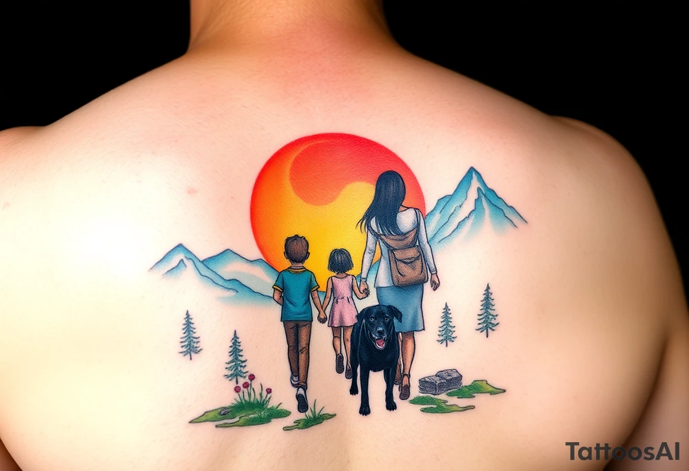 Family 2 parents, 1 baby boy, one 3-year girl and one black dog walking through the the sunset and mountains tattoo idea