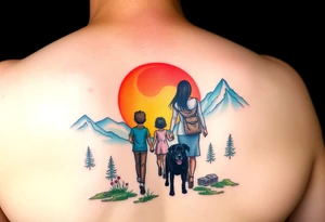 Family 2 parents, 1 baby boy, one 3-year girl and one black dog walking through the the sunset and mountains tattoo idea