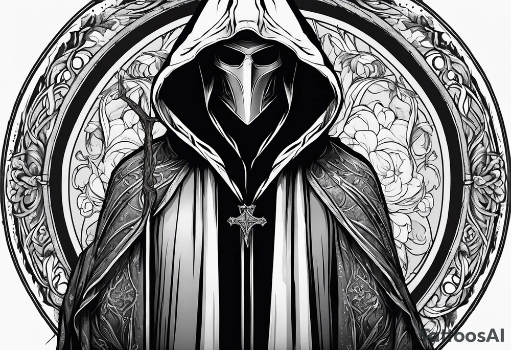 Hooded figure with no face carrying wooden staff with gem on top and wearing a long tattered cloak tattoo idea