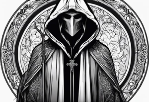 Hooded figure with no face carrying wooden staff with gem on top and wearing a long tattered cloak tattoo idea