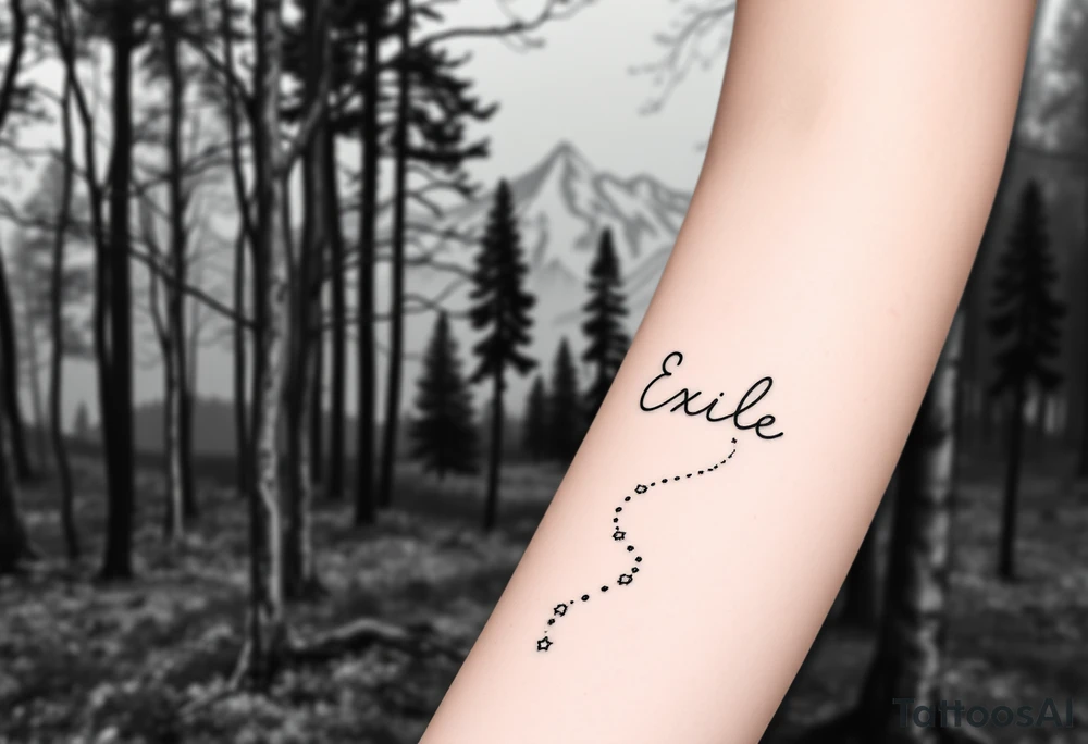 A path in the woods with mountains in the background, the word "Exile" blended in the drawing. The path should be subtle and the tattoo should be fine line tattoo idea