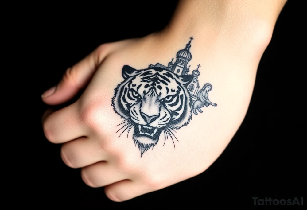 in a dorsal view of the hand and forearm a tiger face on the hand with black hollowed eyes, then above this a orthodox church shrouded with a mist and fading into a virgin mary overlooking tattoo idea