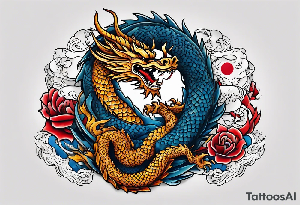 Asian dragon coiling around an anchor with the Korean flag in the background tattoo idea