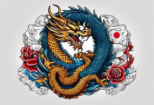 Asian dragon coiling around an anchor with the Korean flag in the background tattoo idea