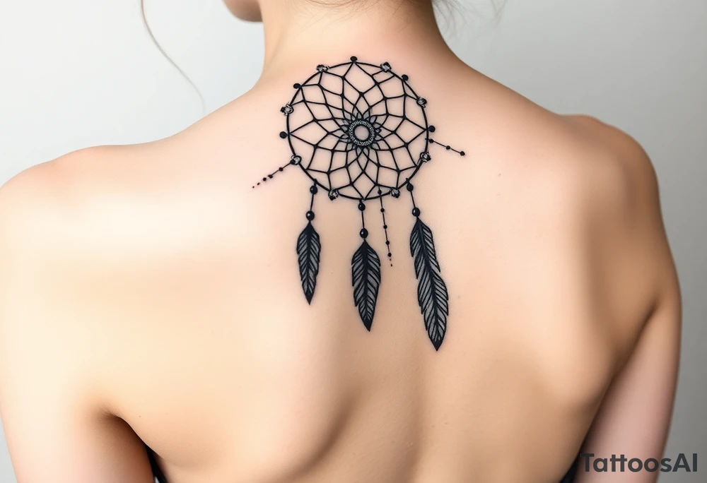 native dreamcatcher with flowing lines made of a discreet connection of morse code ".--- .- --.     .-.. ... -.- .- .-.   -.. .. --.     .-.. .. .-.. .-.. . -... .-. --- .-. connected to flowing feathers tattoo idea