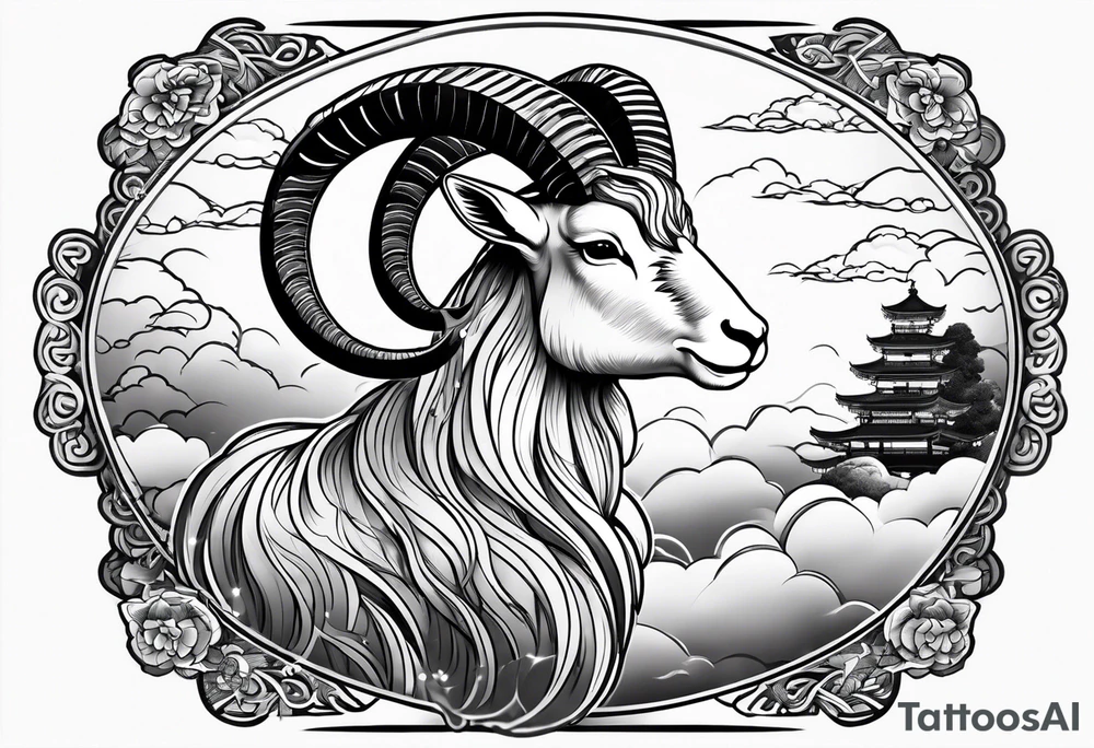 simple japanese inspired full goat body with japanese clouds tattoo idea