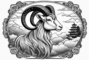 simple japanese inspired full goat body with japanese clouds tattoo idea