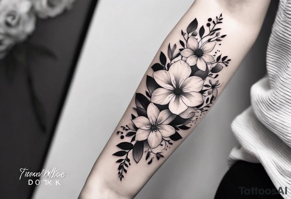 Design a minimalist tattoo featuring a combination of small flowers and leaves, arranged in a graceful, flowing pattern tattoo idea