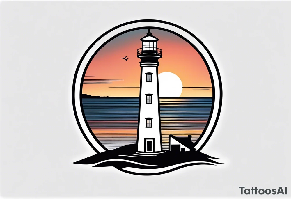 lighthouse a bit realist, sunset, circle framed tattoo idea
