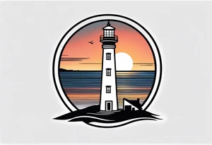 lighthouse a bit realist, sunset, circle framed tattoo idea