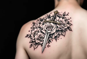 Power knight with sword with roses and cherry blossoms tattoo idea