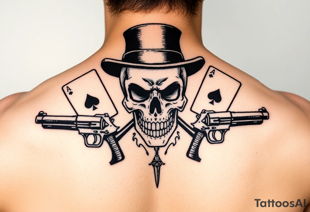 voodoo skull, top hat, ace cards, six guns tattoo idea