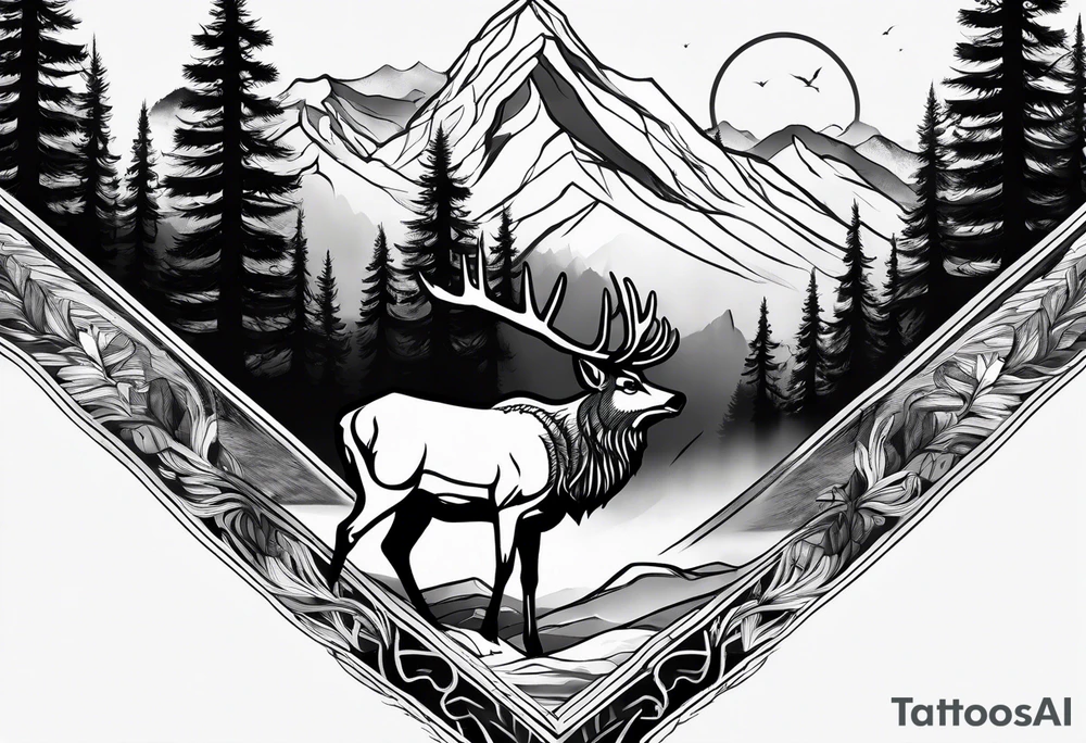 Arm sleeve with a mountain, forest and elk tattoo idea