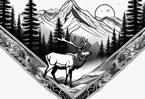 Arm sleeve with a mountain, forest and elk tattoo idea