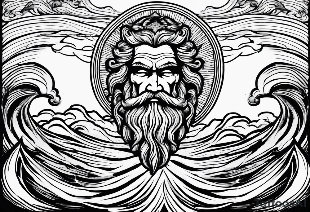 zeus lightning bolt crossed with poseidon trident with stormy waves in the background tattoo idea