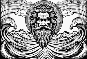 zeus lightning bolt crossed with poseidon trident with stormy waves in the background tattoo idea
