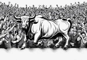 Evil looking Large bull with horns busting through crowd of people tattoo idea