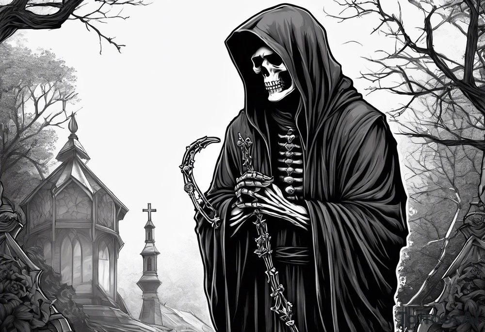The grim reaper standing from a side profile praying with a rosary wrapped around his hands from a far with skeleton hands tattoo idea