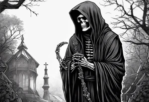 The grim reaper standing from a side profile praying with a rosary wrapped around his hands from a far with skeleton hands tattoo idea