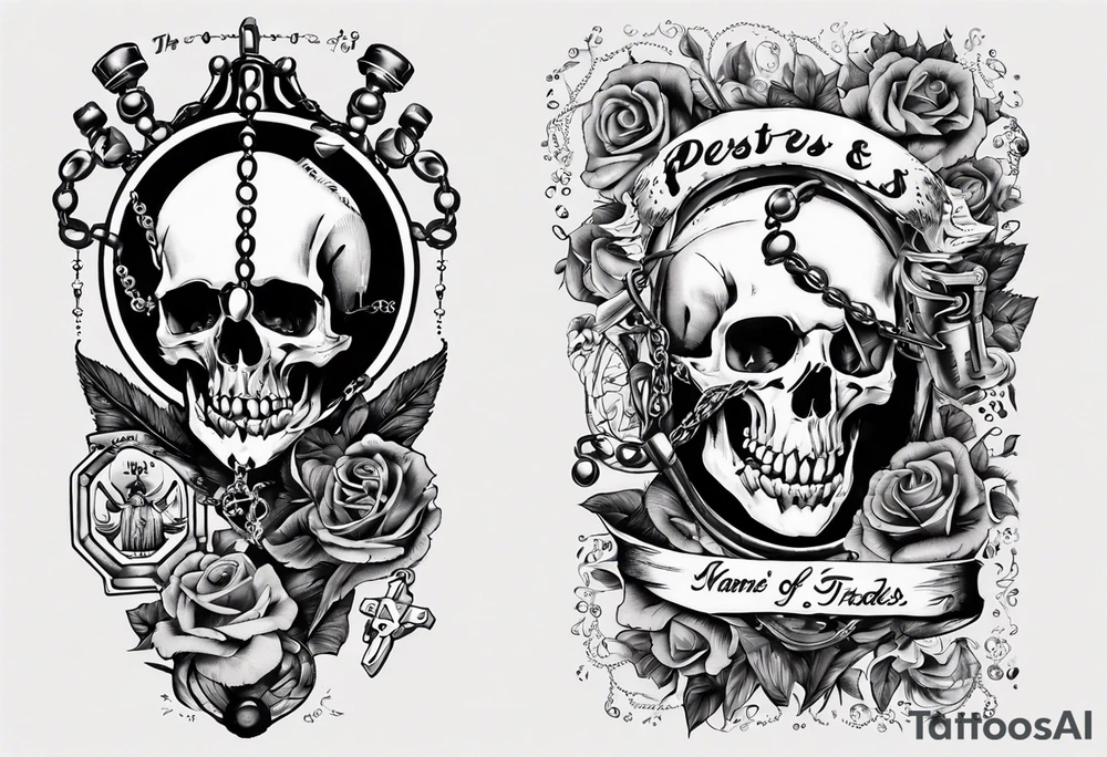 men’s arm sleeve, rosary, the name Peters, jack of all trades tattoo idea