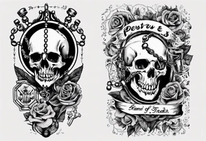 men’s arm sleeve, rosary, the name Peters, jack of all trades tattoo idea