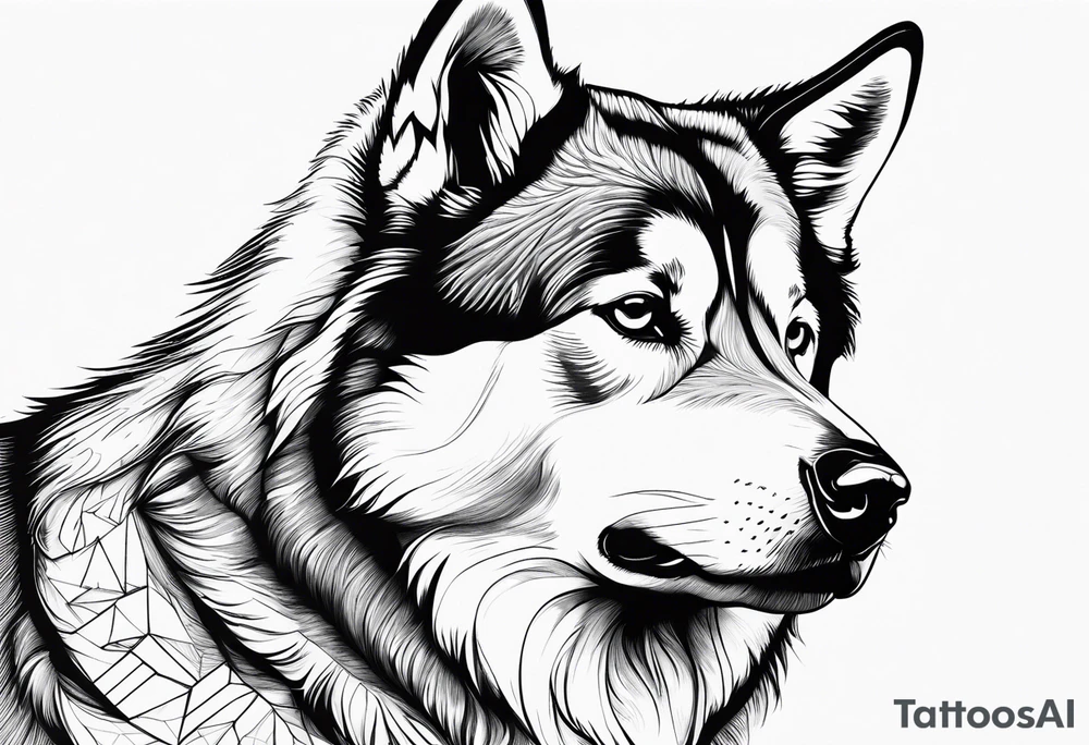 malamute half realistic half geometric tattoo idea