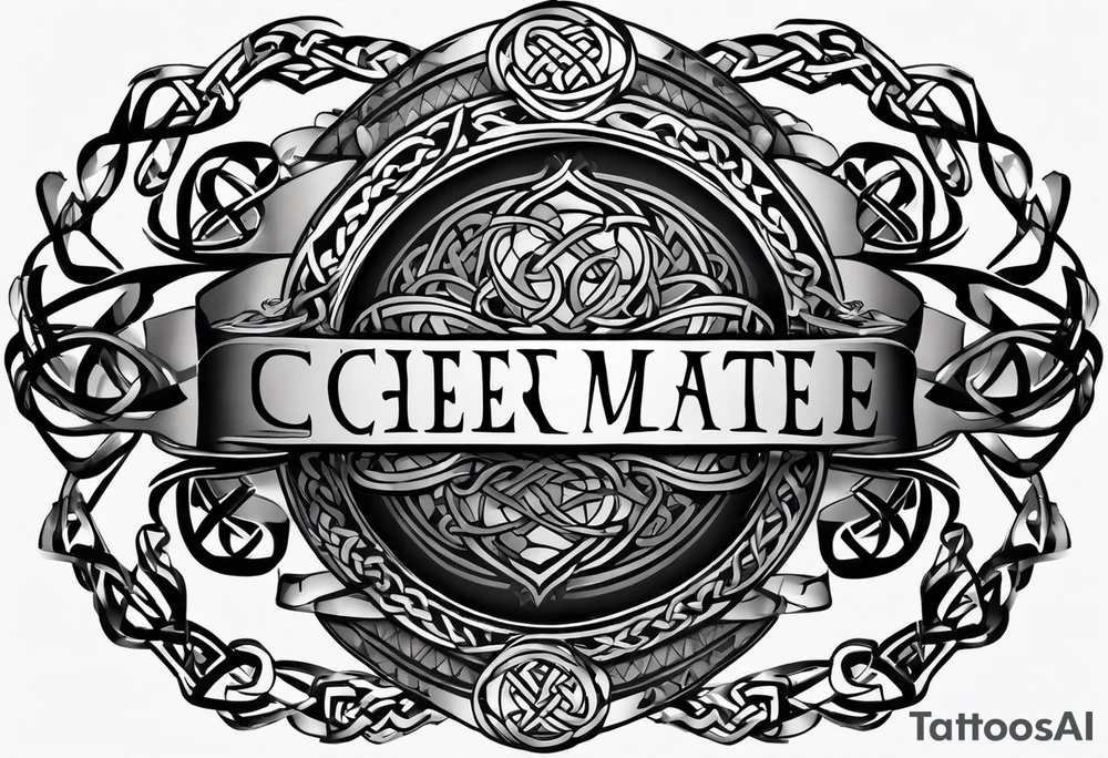 "Cheers Mate" text black and grey ink armband +Celtic +grey Cancer Ribbon +tribal +artistic tattoo idea