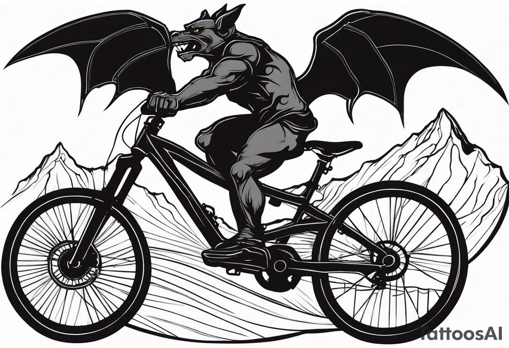 gargoyle riding a full suspension mountain bike with a shadow no background tattoo idea