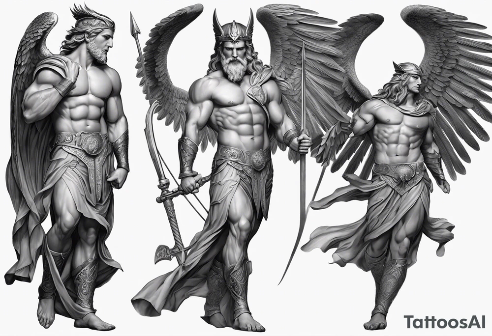 Realistic Tattoo: A lifelike portrayal of a Greek mythological figure, depicted with classic or heroic attributes and detailed in a majestic, powerful stance. The character is surrounded by subtle elements related to their symbolism (like lightning, an owl, or a trident), creating a connection to their mythological story. The figure is detailed and lifelike, embodying qualities such as strength, wisdom, or courage. Style: Realism tattoo idea
