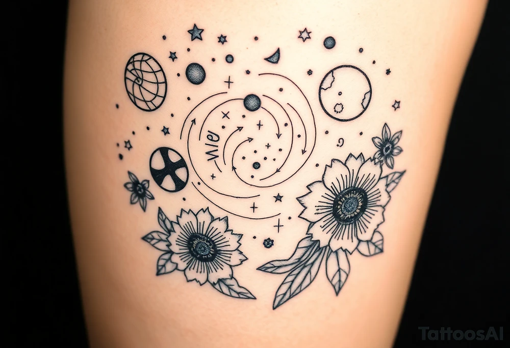 Milky way galaxy with planets with zodiac symbols and protection runes in it with tigerlillies roses and sunflowers tattoo idea