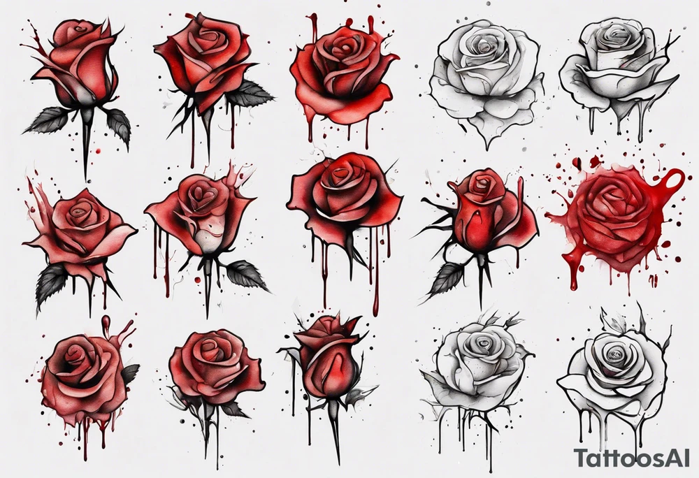 rose flower, one line, red blood dripping from the flower, tall, watercolor tattoo idea